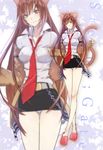  absurdres animal_ears bare_legs belt blue_eyes blush breasts brown_hair chain crossed_legs highres jacket koutarou_(farthest) long_hair long_legs makise_kurisu medium_breasts miniskirt necktie no_legwear panties red_neckwear simple_background skirt sleeves_past_wrists smile solo standing steins;gate striped striped_panties tail underwear zoom_layer 