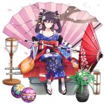  1girl animal_ears ashigara_(azur_lane) azur_lane bare_shoulders black_hair blush bow breasts cat_ears cleavage closed_mouth collarbone eyebrows_visible_through_hair flower full_body hair_flower hair_ornament holding holding_umbrella japanese_clothes kimono large_breasts looking_at_viewer medium_hair official_art oriental_umbrella red_bow red_eyes sandals sitting smile socks solo tetsujin_momoko transparent_background twintails umbrella white_legwear 