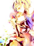  1girl aquarion_(series) aquarion_evol blonde_hair blush closed_eyes coat couple dorayan dress forehead_kiss gradient_hair hair_ornament hetero jin_musou kiss multicolored_hair orange_hair purple_hair short_hair smile stuffed_animal stuffed_toy yunoha_thrul 