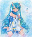  1girl aqua_hair artist_name barefoot blue_scarf borrowed_garments boxers cosplay food green_eyes hatsune_miku kaito kaito_(cosplay) long_hair marker_(medium) mayo_riyo naked_towel no_pants off_shoulder popsicle scarf shirtless sitting tears towel traditional_media underwear very_long_hair vocaloid wariza 