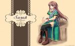  artist_name bird black_legwear blue_eyes blush boots brown_hair character_name cross-laced_footwear dlsite.com dress highres hummingbird jewelry lace-up_boots necklace sarah_(you_haruka) sitting solo thighhighs wallpaper you_haruka 