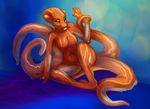  abstract_background anthro arm_support barefoot body_markings breasts cephalopod female fivel flippers green_eyes hairless looking_at_viewer markings navel nude octopus orange_body orange_skin pose shiny sitting solo suckers tentacles webbed_hands 