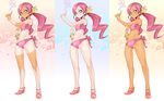  bikini blush bracelet dark_skin drill_hair flat_chest flower hair_flower hair_ornament hanasaki_tsubomi hand_on_hip heartcatch_precure! jewelry legs long_hair masn_(moxi) navel one-piece_tan pale_skin pink_eyes pink_hair precure purple_eyes side-tie_bikini smile solo swimsuit tan tanline twintails 