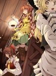  apron bad_id bad_pixiv_id bell blonde_hair blush book boots bow brown_hair checkered checkered_shirt clothes_writing cross-laced_footwear detached_sleeves hair_bell hair_bow hair_ornament hair_tubes hakurei_reimu hat jingle_bell kirisame_marisa lace-up_boots lantern long_hair long_sleeves looking_at_viewer motoori_kosuzu multiple_girls reading red_eyes red_hair sanwa_(koyabu2171) shirt short_hair sitting smile touhou twintails wide_sleeves 