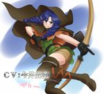  blue_hair blush boots bow_(weapon) braid breasts brown_eyes cosplay crossover dragon's_crown elf elf_(dragon's_crown) elf_(dragon's_crown)_(cosplay) gloves hat idolmaster idolmaster_(classic) imai_asami kisaragi_chihaya large_breasts long_hair pointy_ears seiyuu_connection solo thigh_boots thighhighs twin_braids wata_do_chinkuru weapon 