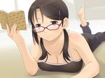  bad_anatomy barefoot book breasts brown_eyes brown_hair cleavage glasses hair_ornament hairclip large_breasts lying meow_(nekodenki) on_stomach original reading red-framed_eyewear solo tank_top twintails 
