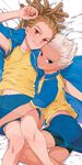  blue_eyes blush brown_hair dakimakura gouenji_shuuya hairlocs highres inazuma_eleven inazuma_eleven_(series) kidou_yuuto kinokooooo male_focus multiple_boys raimon raimon_soccer_uniform red_eyes smile soccer_uniform sportswear white_hair yaoi 