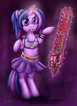  candy chainsaw cheerleader clothed clothing cosplay equine female friendship_is_magic glowing hair hirurux horn horse levitating levitation lollipop lollipop_chainsaw mammal my_little_pony pink_hair pony purple_eyes purple_hair solo standing twilight_sparkle_(mlp) twintails two_tone_hair unicorn weapon 