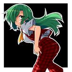  black_background green_hair hair_over_one_eye hemogurobin_a1c kazami_yuuka kazami_yuuka_(pc-98) long_hair looking_back pants plaid plaid_pants solo touhou touhou_(pc-98) 