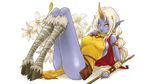  aa2233a bandages breasts earrings flower highres hooves horn jewelry large_breasts league_of_legends legs_together lying pouch purple_skin sideboob solo soraka white_hair yellow_eyes 