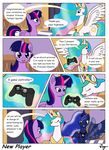  comic controller crown cutie_mark english_text equine eyes_closed female feral friendship_is_magic glowing hair horn horse mammal multi-colored_hair my_little_pony navel pink_hair playstation_3 pony princess princess_celestia_(mlp) princess_luna_(mlp) purple_eyes purple_hair royalty smile text tikyotheenigma twilight_sparkle_(mlp) waving winged_unicorn wings 
