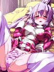  blush bow breasts covered_nipples garters hair_bow heavy_breathing high_priest large_breasts long_hair lying miuku_(marine_sapphire) open_mouth panties pink_eyes pink_panties ponytail purple_hair ragnarok_online solo spread_legs sweat thighhighs underwear very_long_hair white_legwear 