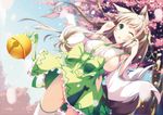  :o animal_ears bell blush bow breasts brown_hair cherry_blossoms day green_eyes hair_bow large_breasts long_hair no_panties one_eye_closed open_mouth original paw_pose sideboob sky solo thighhighs white_legwear wind wind_lift yanagi_yuu 