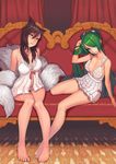  ahri animal_ears babydoll bare_legs bare_shoulders barefoot black_hair breasts cleavage foreshortening fox_ears fox_tail green_eyes green_hair large_breasts league_of_legends lingerie long_hair multiple_girls multiple_tails panties sitting smile sona_buvelle tail thigh_gap two_side_up underwear very_long_hair white_panties yellow_eyes yuksi 