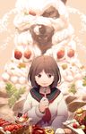  bob_cut brown_eyes brown_hair cake cream food fork fruit osanai_yuki parfait school_uniform serafuku shoushimin_series sopra strawberry strawberry_tart wolf 