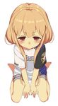  aida_takanobu baseball_jersey bike_shorts blonde_hair blush brown_eyes clothes_writing futaba_anzu hokkaido_nippon-ham_fighters idolmaster idolmaster_cinderella_girls kneeling long_hair looking_at_viewer nippon_professional_baseball shorts sitting solo striped striped_bike_shorts twintails wariza 