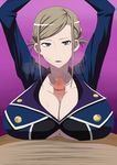  1girl arms_up awashima_seri black_eyes blonde_hair breasts censored cleavage huge_breasts k_(anime) looking_at_viewer military military_uniform north70 open_mouth paizuri paizuri_under_clothes penis penis_under_clothes pink_background short_hair simple_background sweat uniform 