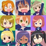  :d absurdres ayase_eli bad_id bad_pixiv_id blazer blonde_hair everyone groping_motion highres hoshizora_rin jacket kill_me_baby koizumi_hanayo kousaka_honoka love_live! love_live!_school_idol_project minami_kotori multiple_girls nishikino_maki o_o open_mouth otonokizaka_school_uniform parody pink_scrunchie school_uniform scrunchie simple_background smile sonoda_umi style_parody toujou_nozomi v-shaped_eyebrows yamaxana-du yazawa_nico 