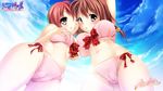  asymmetrical_docking bra breast_hold breast_press breasts brown_eyes brown_hair cameltoe cloud day grin highres himegi_ageha himegi_hotaru hozumi_kaoru kono_oozora_ni_tsubasa_wo_hirogete large_breasts long_hair multiple_girls navel one_eye_closed panties red_hair short_hair sky smile underwear underwear_only 