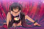 40010prototype black_hair blush breasts dark_skin hair_ribbon japanese_clothes long_hair looking_at_viewer master_nemesis nipples no_panties ribbon sandals shiny shiny_skin sitting small_breasts smile solo spread_legs to_love-ru to_love-ru_darkness toes twintails yellow_eyes 