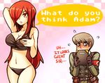  1girl adam_kapowski armband artist_request black_bra black_panties blush bra breasts canteen cleavage embarrassed english full-face_blush hair_over_one_eye huge_breasts long_hair military military_uniform navel non-web_source panties parasoul_(skullgirls) red_hair skullgirls strapless strapless_bra underwear underwear_only uniform yellow_eyes 