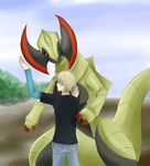  big black claws clothing cloud clouds dragon duo eye eyes feral fog grass hair haxorus human joltik_(artist) male mammal mud nintendo outside plain_background pok&#233;mon pok&eacute;mon red_eyes sky toes tree video_games 