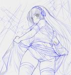  armband ass blush butt_crack detached_sleeves from_behind headphones kasuga_yukihito long_hair looking_back megurine_luka monochrome panties sketch skirt skirt_lift solo stage_lights tattoo thighhighs underwear vocaloid 