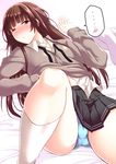  amagami blush brown_eyes brown_hair green_panties kamizaki_risa kneehighs long_hair lying panties shouji_nigou skirt solo underwear undressing white_legwear 