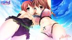  asymmetrical_docking bra breast_hold breast_press breasts brown_eyes brown_hair bustier cameltoe cloud day from_below grin highres himegi_ageha himegi_hotaru hozumi_kaoru kono_oozora_ni_tsubasa_wo_hirogete large_breasts long_hair multiple_girls navel one_eye_closed panties red_hair short_hair sky smile underwear underwear_only 