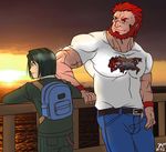  2013 abs alexander_iskandar biceps clothing fatezero hair hentist human male muscles pose red_eyes red_hair shirt smile sunset vein 