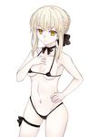  ahoge artoria_pendragon_(all) ashita_(2010) bad_id bad_pixiv_id bikini blonde_hair blush breasts cleavage fate/stay_night fate_(series) hair_ribbon highleg highleg_bikini highleg_swimsuit micro_bikini navel pale_skin ribbon saber_alter short_hair small_breasts solo swimsuit yellow_eyes 