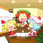  :d ^_^ apron aqua_hair bat_wings blonde_hair bloomers braid chair chibi closed_eyes cup fang flandre_scarlet glass gomi_ichigo hair_ribbon happy hat highres hong_meiling mob_cap multiple_girls open_mouth outstretched_arms plant pointy_ears red_hair remilia_scarlet restaurant ribbon short_hair short_sleeves sitting skirt skirt_set smile star tablecloth touhou tray twin_braids underwear vest window wings 