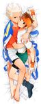  barefoot black_legwear blue_eyes blush brown_eyes brown_hair cuddling dakimakura endou_mamoru feet full_body gloves gouenji_shuuya headband highres inazuma_eleven inazuma_eleven_(series) kinokooooo male_focus multiple_boys smile soccer_uniform socks sportswear white_hair yaoi 