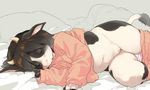  animal_ears bangs bed_sheet black_hair cleft_of_venus closed_eyes copyright_request cow_ears cow_girl cow_horns cow_tail facing_viewer furry hooves horns kikurage_(crayon_arts) long_sleeves lying multicolored multicolored_skin on_bed on_side panties pants_pull panty_pull pussy short_hair sleeping sleeves_past_wrists solo striped striped_panties sweater tail two-tone_skin underwear 