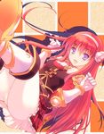  alisia_heart belt blue_eyes blush boots commentary_request dungeon_travelers_2 elbow_pads front-tie_top gauntlets hairband long_hair looking_at_viewer mame-p open_mouth pantyhose red_hair shoulder_armor skirt solo spaulders white_legwear 