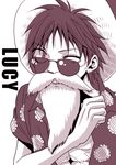  1boy beard character_name disuse dressrosa facial_hair fake_beard fake_mustache hat hawaiian_shirt looking_at_viewer male male_focus monkey_d_luffy monochrome mustache one_piece open_clothes open_shirt scar shirt solo sunglasses wink 