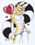  &lt;3 absurd_res anthro balls chester_ringtail_magreer claws erection front half-closed_eyes hi_res looking_at_viewer male necklace panties panties_down penis pink_nose pinup pose ringed_tail ringtail solo standing terrie_smith topless traditional_media underwear undressing 