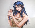  1girl 90s adjusting_hair after_shower blue_hair breasts bust cel cell choujin_gakuen_gowcaizer cleavage hishizaki_shaia looking_at_viewer oldschool oobari_masami open_mouth solo towel upper_body wet 