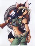  absurd_res anthro canine dog dog_tags female fn_fal german_shepherd hi_res looking_at_viewer mammal michele_light pinup pose solo traditional_media 