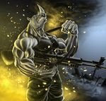  amazing anthro biceps big_muscles clenched_teeth clothing drooling fire flexing grey_skin gun horn karuma9 m60 machine_gun male mammal muscles pants pecs pose ranged_weapon rhinoceros saliva scales shirt solo standing stoner_m63 strap tank_top teeth toned vein weapon 