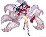  ahri atomix black_hair blush breasts detached_sleeves fox fox_tail korean_clothes league_of_legends legs long_hair looking_at_viewer medium_breasts multiple_tails simple_background smile solo tail thighs yellow_eyes 