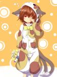  absurdres animal_costume animal_ears brown_hair cat_costume cat_ears cat_tail character_doll chen doll earrings highres horokusa_(korai) jewelry multiple_tails one_eye_closed pajamas red_eyes rubbing_eyes sleepy solo tail touhou wince yakumo_ran 