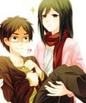  1boy 1girl bad_id bad_pixiv_id brown_eyes brown_hair carrying eren_yeager green_eyes long_hair mikasa_ackerman princess_carry scarf shingeki_no_kyojin short_hair xxx_yc05 younger 