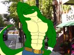  2013 abs anthro biceps dinosaur flexing gay looking_at_viewer male maxime-jeanne muscles pecs pose reptile scales scalie smile solo street theropod thomas_carter tyrannosaurus_rex 