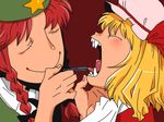  blonde_hair braid closed_eyes fangs flandre_scarlet hat hong_meiling long_hair multiple_girls nail_file onikobe_rin open_mouth red_hair smile star teeth tongue touhou 