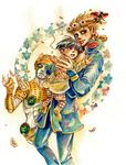  black_hair blonde_hair blue_eyes braid bug child chiotio dual_persona giorno_giovanna gold_experience insect jojo_no_kimyou_na_bouken ladybug male_focus multiple_boys older stand_(jojo) traditional_media watercolor_(medium) younger 