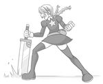  annie_(skullgirls) attack belt belt_pouch boots braid clenched_hand dress fighting_stance greyscale guilty_gear hair_over_eyes image_sample lowres monochrome parody pouch rittesora skullgirls sol_badguy star sword thigh_boots thighhighs tumblr_sample twin_braids weapon zettai_ryouiki 