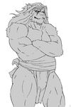  anthro bandage biceps big_muscles bulge chest_tuft crossed_arms feline fundoshi fur grin hair incarnata lion loincloth male mammal monochrome muscles pecs plain_background pose sash smile solo standing topless tuft underwear unknown_artist white_background windy 