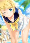  &gt;_&lt; ball beach blonde_hair blue_eyes blush closed_eyes cloud day dress hair_ornament hairclip happy highres kagamine_rin leaning_forward legs looking_at_viewer multiple_girls outdoors sailor_collar sandals seeu short_hair sky smile takotsu thighs vocaloid water wet 