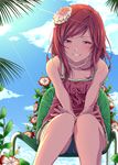  bare_shoulders chair clothes_writing cloud day dress english feet_out_of_frame flower hair_flower hair_ornament highres jewelry long_hair love_live! love_live!_school_idol_project necklace nishikino_maki nishiuri_warito parted_lips pearl purple_eyes red_hair sitting sky smile solo sunlight tree v_arms 